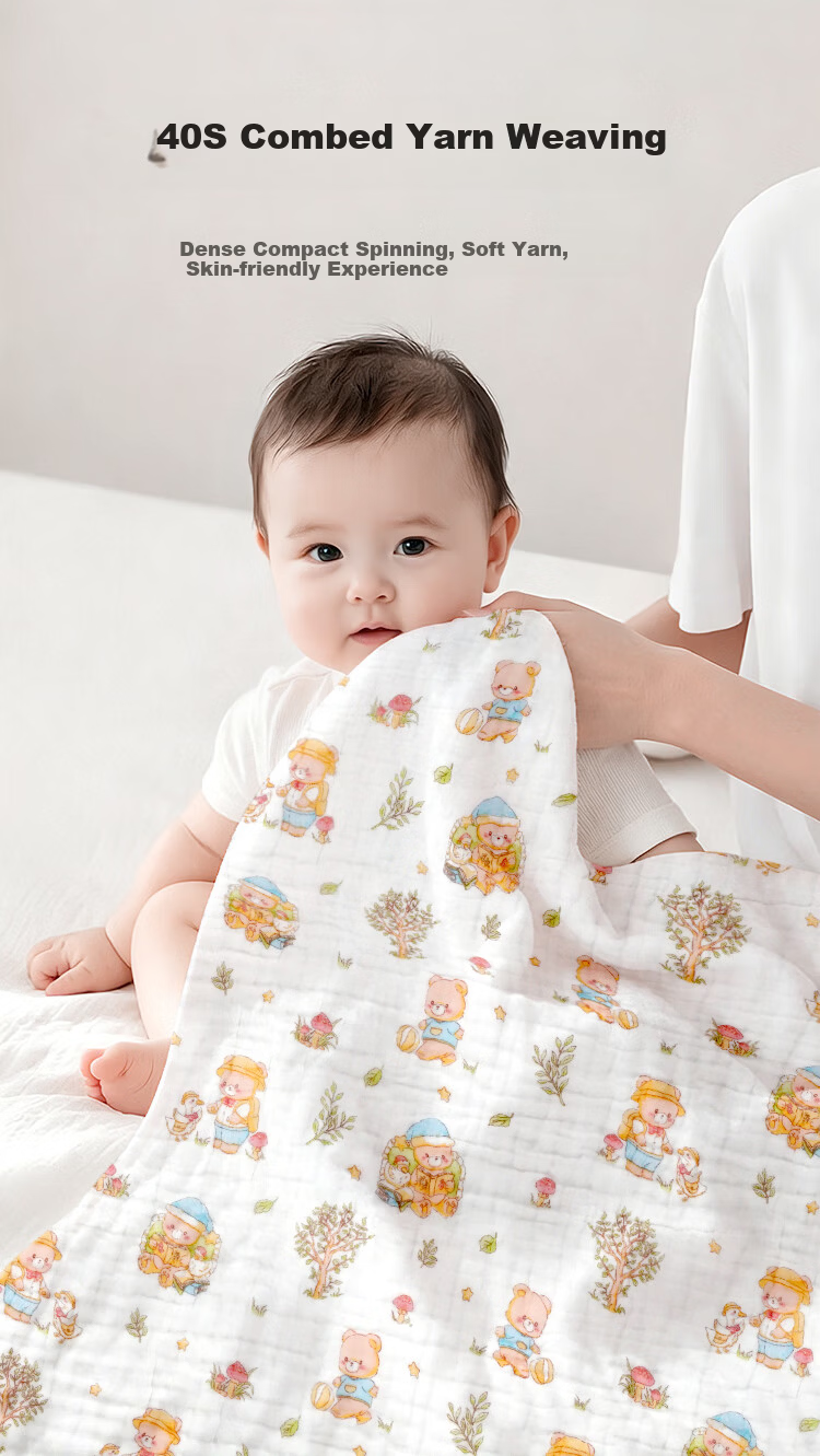 Aibaochi Children's Bath Towel 6-Layer Pure Cotton Gauze Newborn Baby Bath Large Towel 110*110cm Bear S668 4