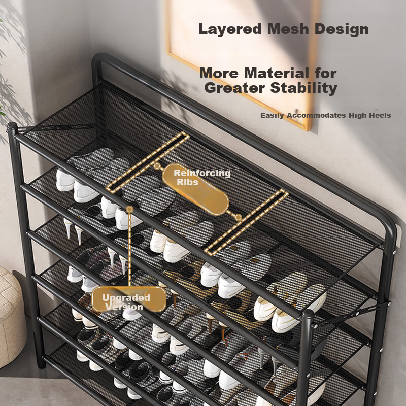 Antjia Foldable Shoe Rack Doorway Shoe Rack Multi-layer Iron Art No-Installation Storage Shelf Black 6-Tier 70cm