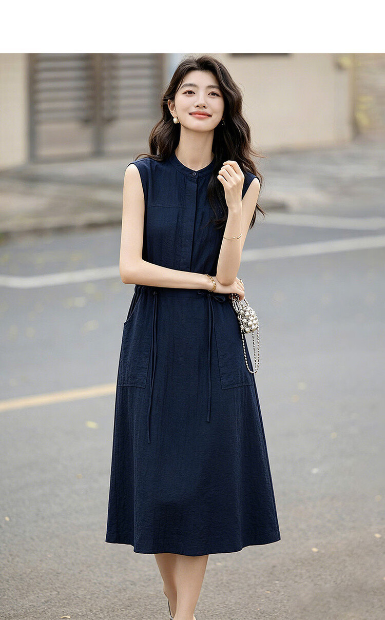 Demana [Accompanied by Elegance] Summer Simple Style Half-Placket Round Neck Drawstring Loose Mid-Length Dress for Women 5
