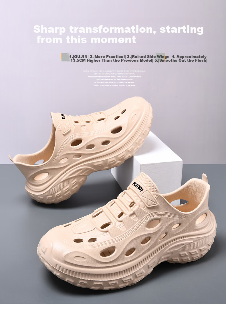 PLAYBOY Men's Summer 2026 Thick-Soled Closed-Toe Sandals Comfortable Thick-Soled Beach Shoes Khaki Size 40 1