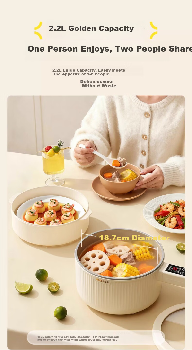 AUX Electric Cooking Pot Multi-Functional Small Hot Pot 2.2L Student Dormitory All-in-One Noodle Cooker Stew Rice Pot DR226 Titanium Coating + Steamer Basket 5