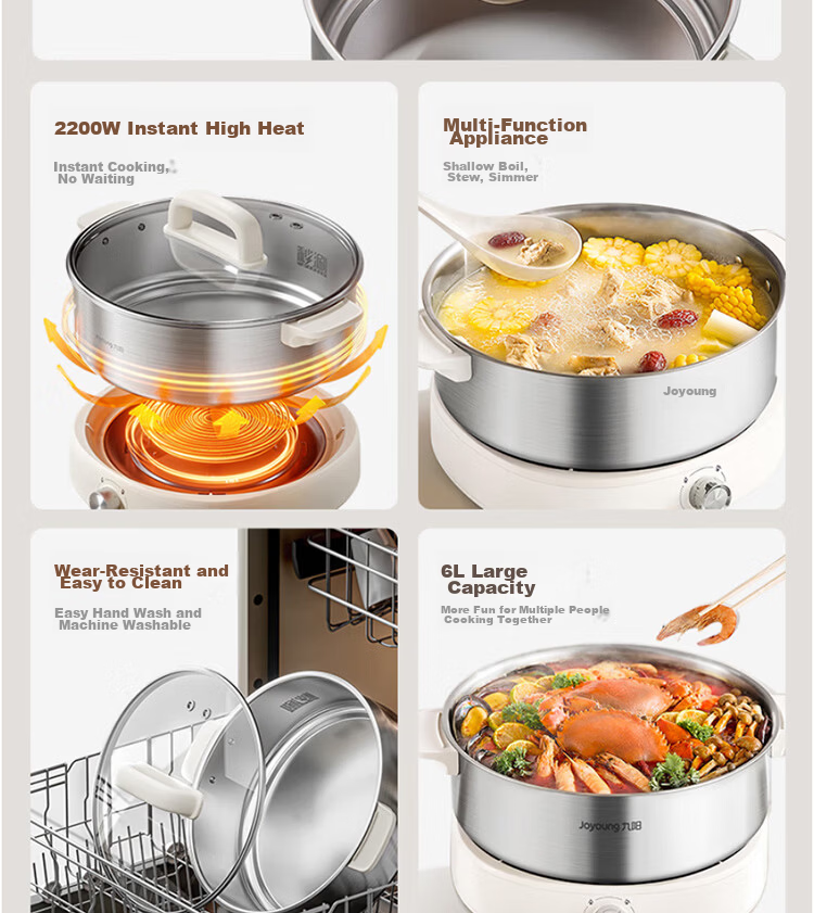 Joyoung 6L Multifunctional Electric Hot Pot 2200W High Power Non-Stick Detachable Stainless Steel Steamer HG60-GN64 3