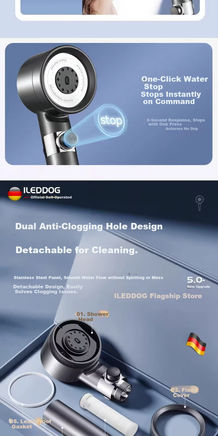 ILeddog [Germany] Dual Turbocharged Shower Head Multi-Function Filtered Handheld Shower Set DP-01 9