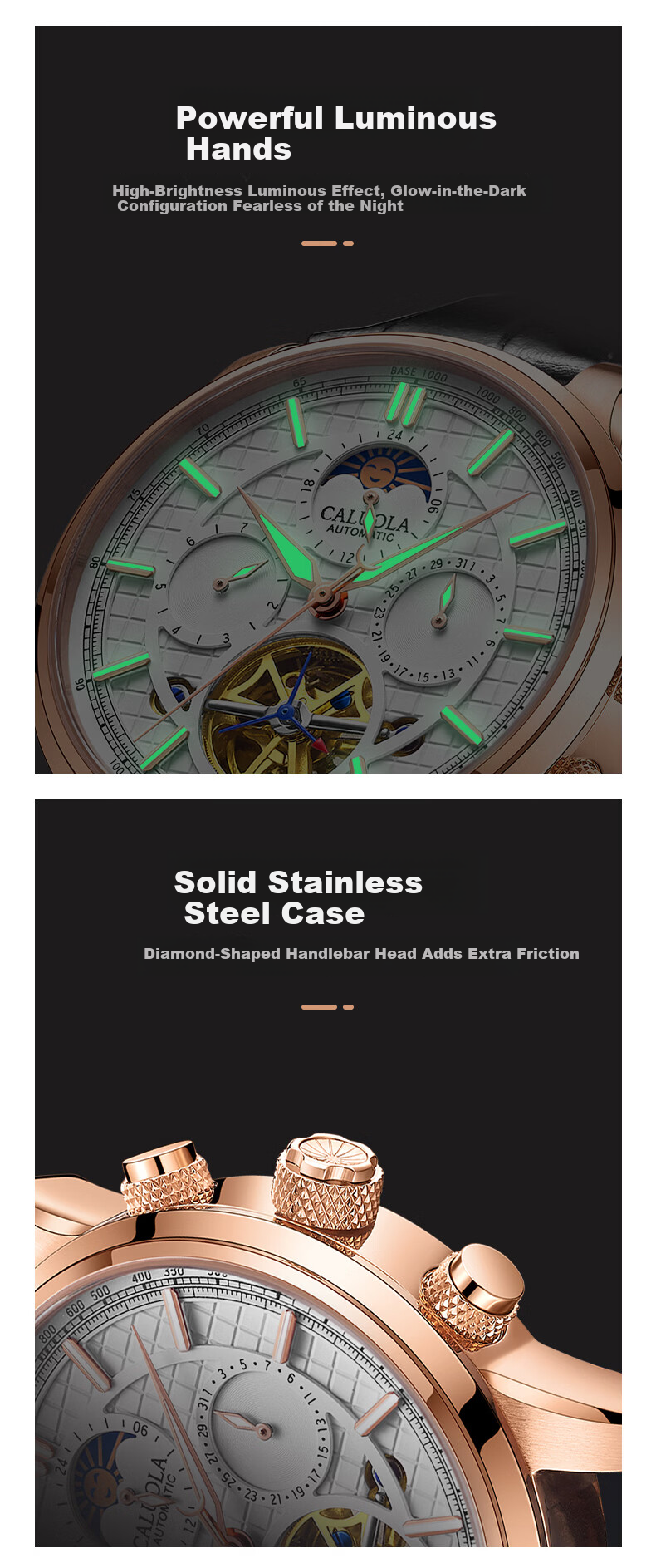 CALUOLA Men's Automatic Mechanical Watch Multifunction Leather Strap Fashion Business Wristwatch Birthday Gift 8