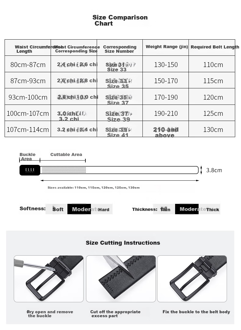 ELLE HOMME French Brand Men's Genuine Leather Belt First Layer Cowhide Pin Buckle Belt Gift Box Birthday Present for Boyfriend Husband 10