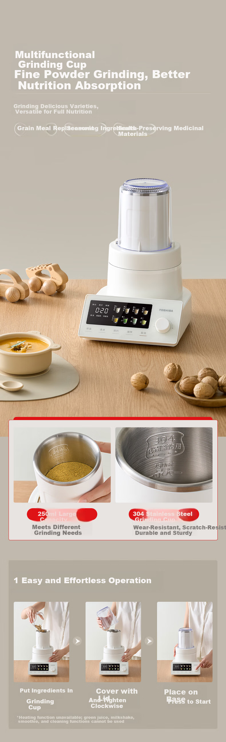 TOSHIBA Xiaobailu Five-Function Blender Household Soymilk Juicer Food Processor 1.75L 12-Level Noise Reduction Inverter Quiet Color Screen BL-130GRVC(W) 20