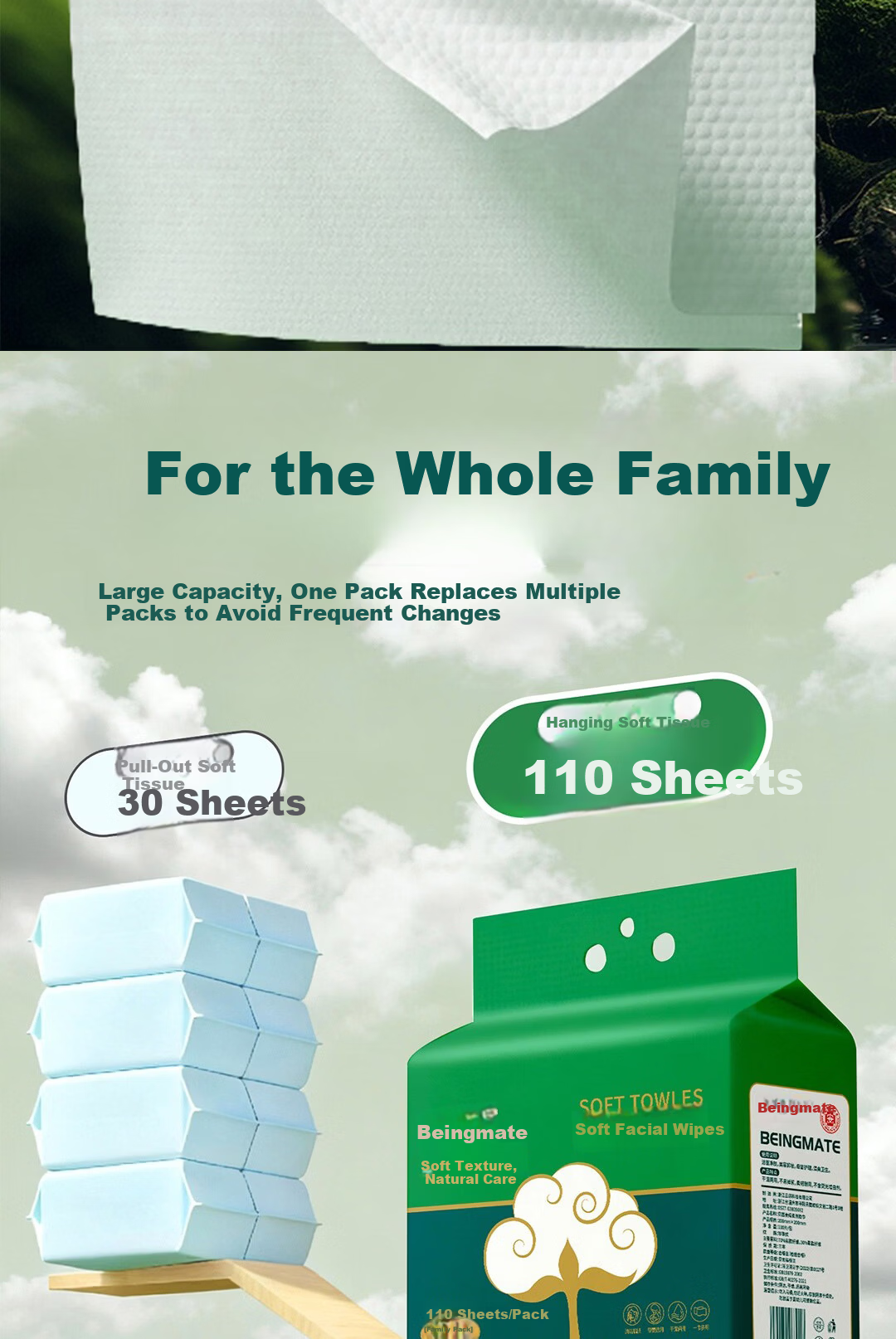Beingmate Hanging Facial Towel 110 Sheets*3 Packs Extra Large Thick Disposable Face Cleaning Soft Cotton Hanging Pull-Out Towels 6