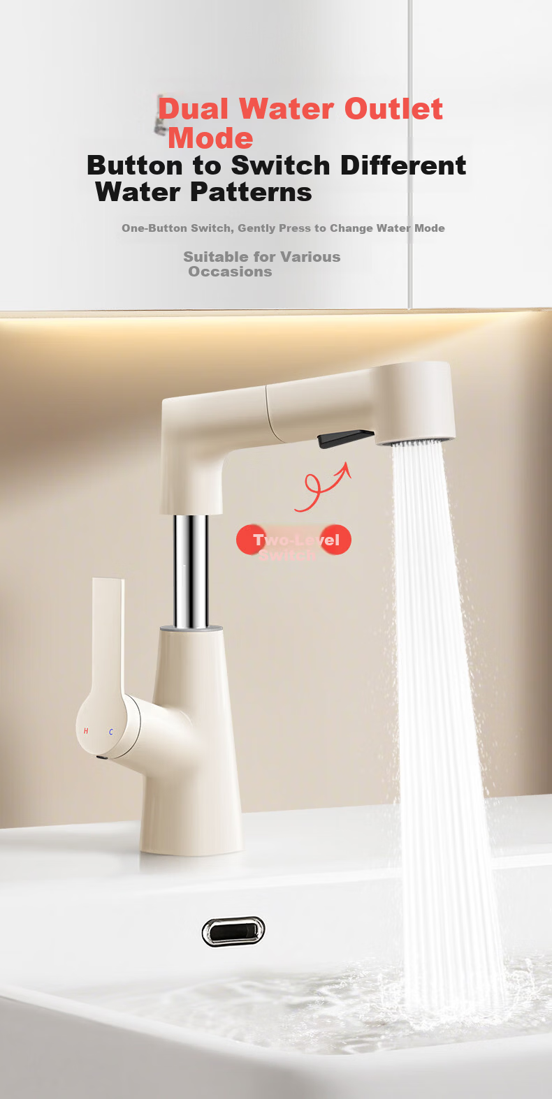 Baihan Aluminum Alloy Bathroom Faucet Pull-Out Hot and Cold Basin Tap 11