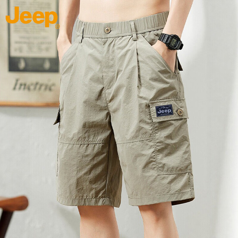 JEEP Men's Summer American Style Ice Silk Cargo Loose Straight Five-Point Shorts Khaki 31