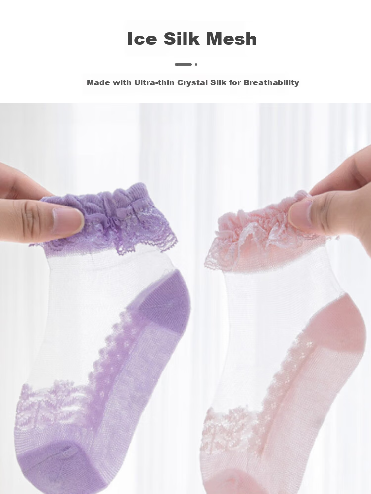 9i9 Children's Summer Thin Crystal Silk Baby Mesh Socks Cotton Lace Student Short Socks 3 Pairs A363 3