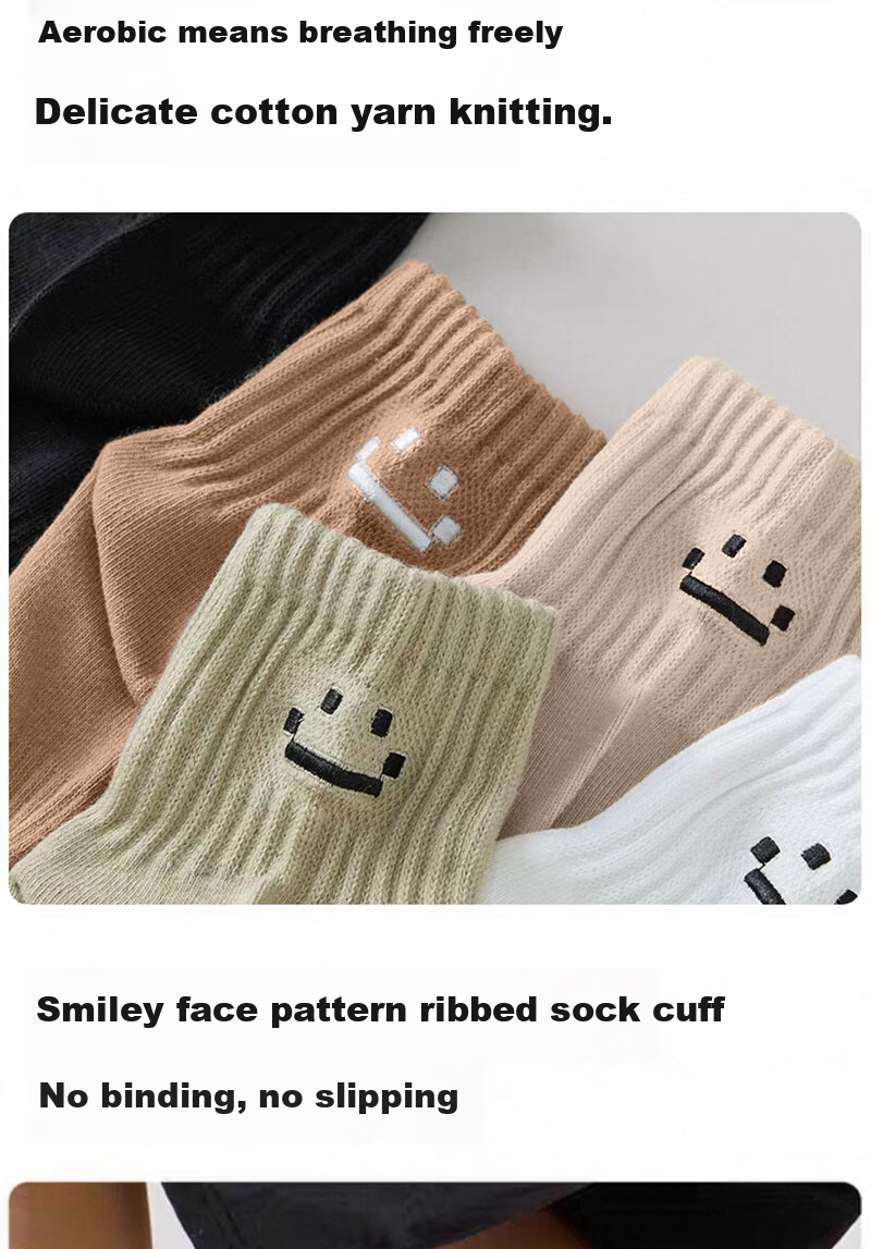 Mian Shisan Men's Short Socks 100% Cotton 10A Antibacterial Thin Odor-Resistant Spring Summer Smiley Face Sports Ankle Socks 6 Pairs 6