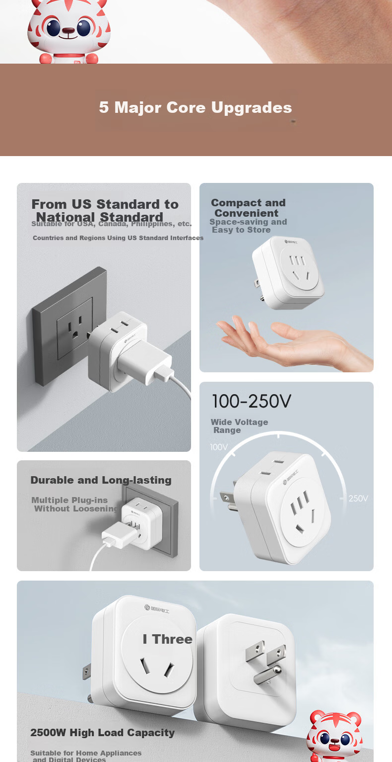 International Electrical American Standard Conversion Plug 2500W High Power Travel Socket Adapter Converter for USA Mexico Canada Philippines Colombia 2
