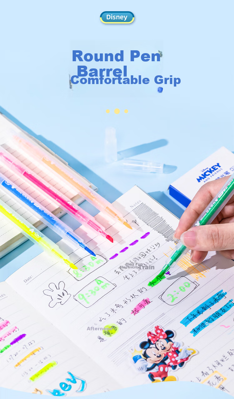 Disney Double-Ended Highlighter Pens 6 Colors Mickey Stationery for Elementary Students Exam Review Colorful Markers 2