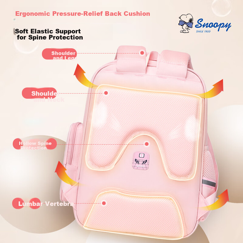 SNOOPY Lightweight Primary School Backpack Children's Ergonomic Anti-Back Pain Shoulder Bag for Grades 1-3 Pink Small Size