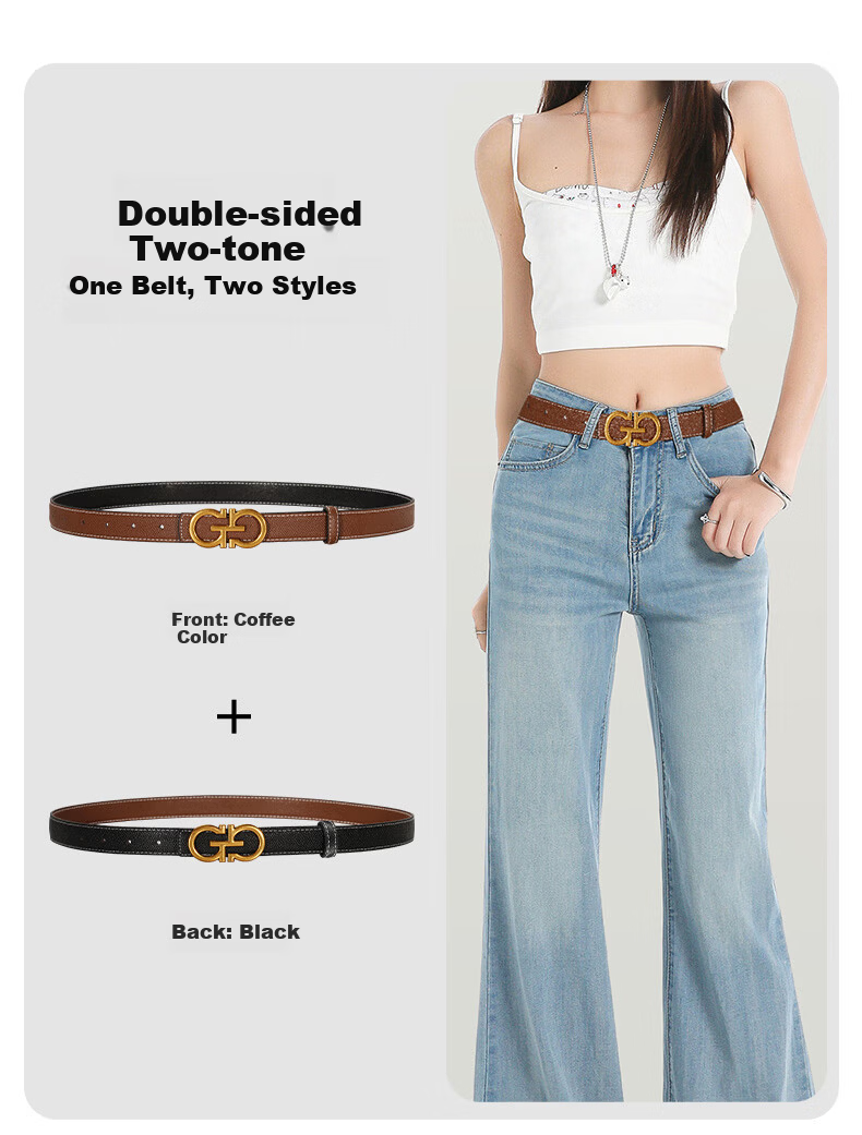 CARTELO Double-Sided Genuine Leather Women's Jeans Belt Smooth Buckle Plate Buckle Pin Belt Birthday Gift for Girlfriend 13