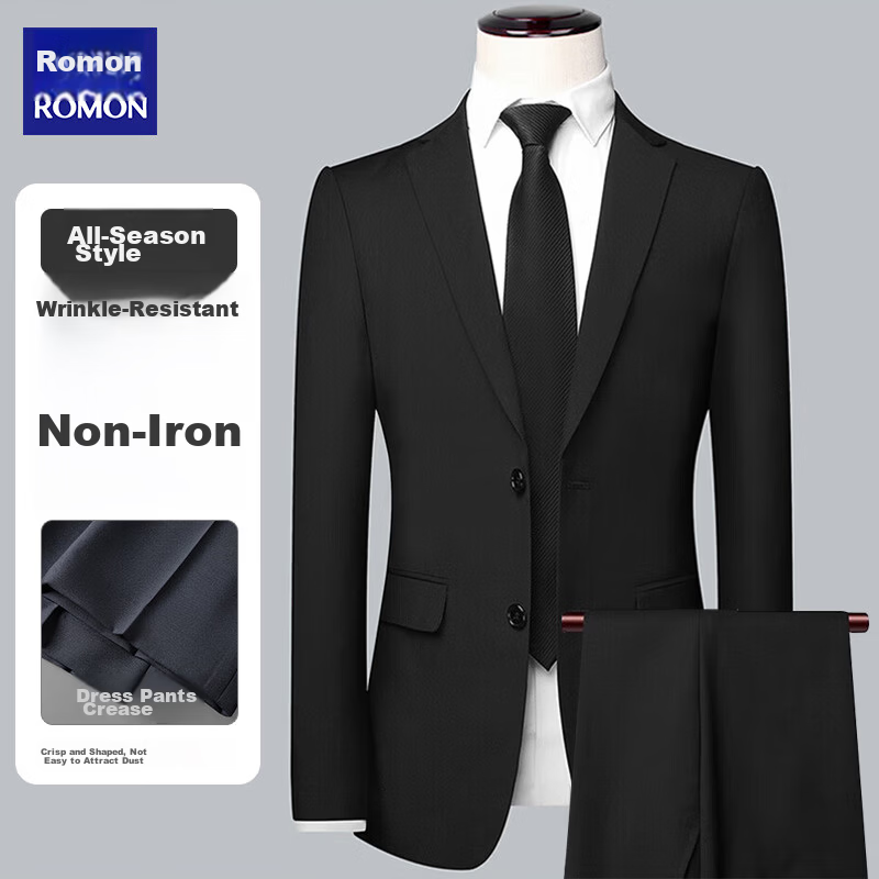 ROMON Men's Casual Formal Suit Jacket Mid-Young New Wedding Best Man Office Business Spring Autumn Coat Black 4XL