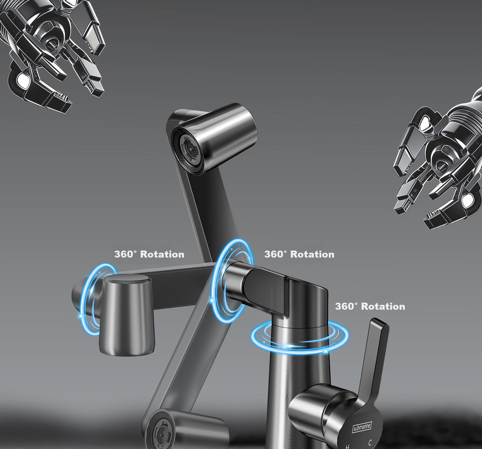 Submarine Mechanical Arm Faucet for Sink Bathroom Basin Under-counter Hot and Cold Water Mixer 2-in-1 Stainless Steel L7112H 13