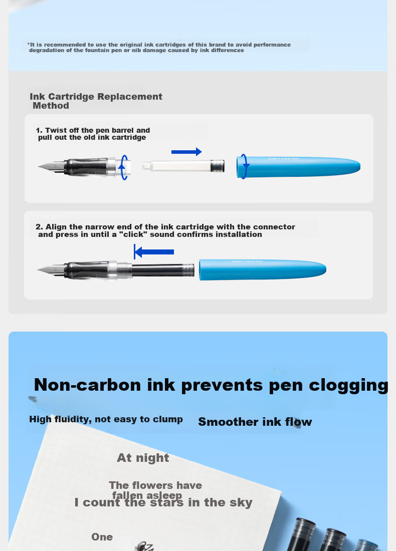 Casimir Ergonomic Comfortable Grip Fountain Pen for Students Beginner Handwriting Practice Grade 3 Posture Correction Signature Pen Student Stationery Gift Blue Pen*1 + Black Ink Cartridges*20 8