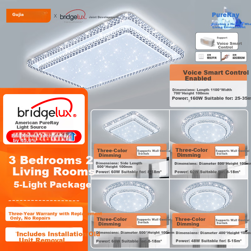 Kuka LED Ceiling Light Starry Sky Eye Protection Living Room Lighting with Cree Light Source Three-Bedroom Two-Living Room Set [Installation Included]