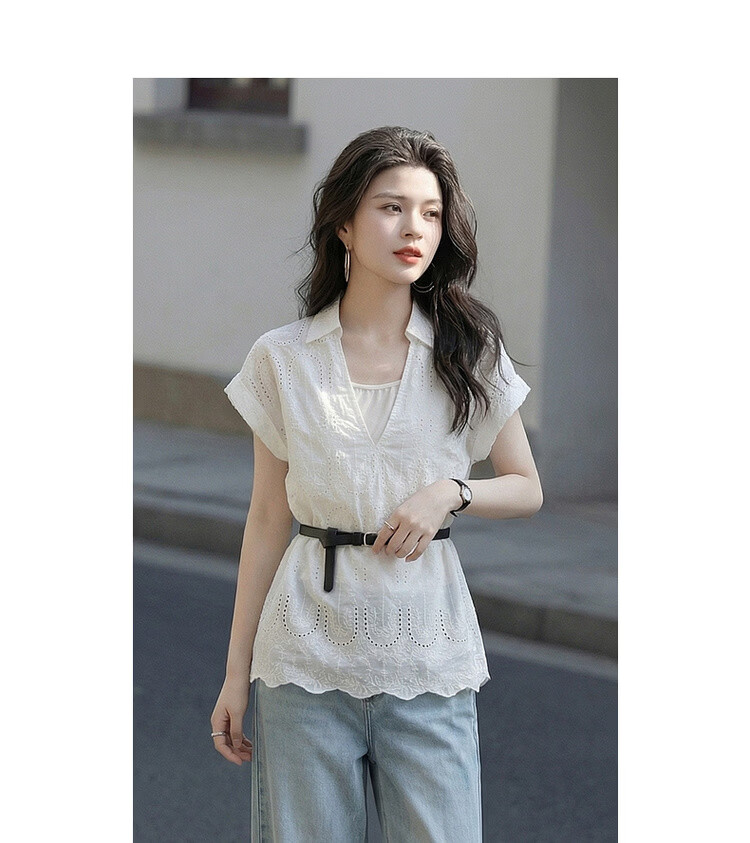 Demana Pure Cotton Light Life Summer V-Neck Lace Embroidered Shirt Color-Block Belted Short Sleeve Blouse for Women 10