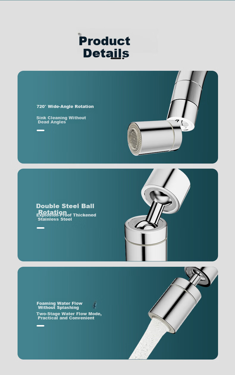 Jingmi Premium Faucet Aerator Extender 2-Mode Splash-Proof Kitchen Basin Adapter 360° Swivel Connector 7