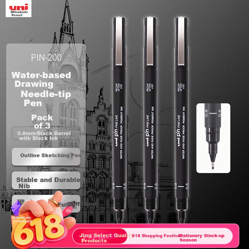 Uni Mitsubishi 0.8mm Water-Based Drawing Needle Pen PIN-200 Art Design Outlining Pen Black Barrel Black Ink 3-Pack