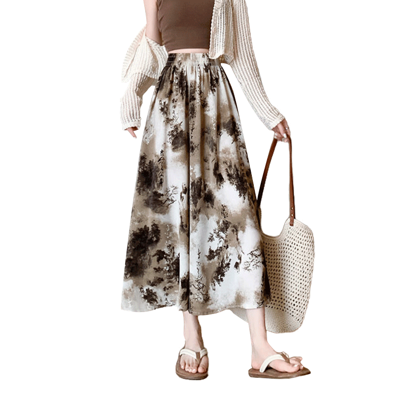 LangSha New Chinese Style Chiffon Skirt Pants for Women, Summer Lightweight 2025 New High-Waist Ink Painting National Style Wide-Leg Trousers