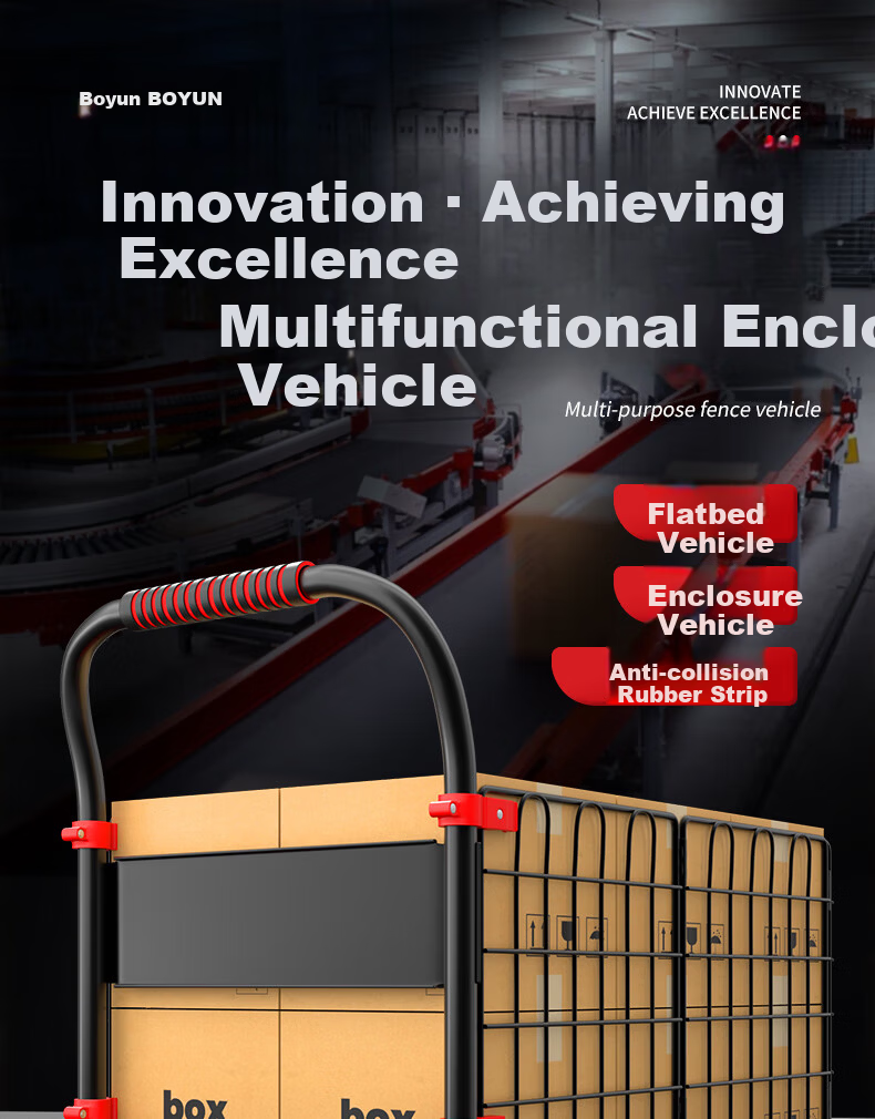Boyun Folding Cart with Guardrail, Hand-Pulled Flatbed Trolley, Cargo Fence Cart, Small Hand Truck with Mesh Frame 1