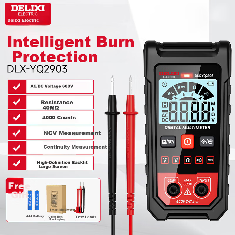 DELIXI ELECTRIC Digital Multimeter Smart Anti-Burn Ammeter Household Electrician High-Precision Mini Fully Automatic Universal Meter YQ2903