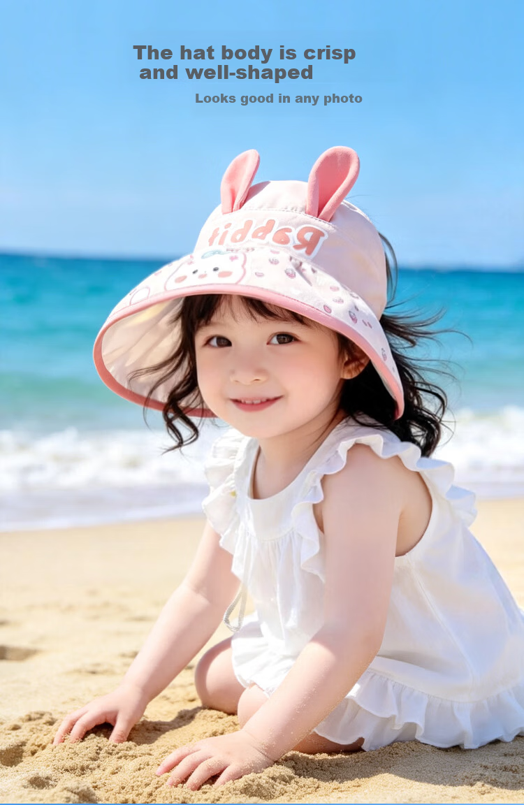 9i9 Kids Summer Sun Protection Hat Thin Girls Open-Top Wide Brim Sunshade Hat Sweet Strawberry Rabbit Ponytail 3-12 Years F36 7