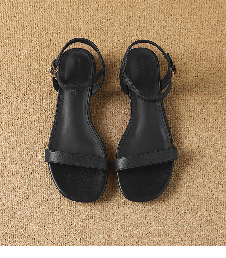 ZHR Women's Summer Sandals First Layer Lambskin One-Strap Flat Sandals French Retro Chunky Heel EH363 Black Size 36 15