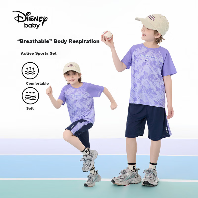 Disney Kids Summer Outfit 2026 New Outdoor Sports Casual Set Purple Tie-Dye Size 110