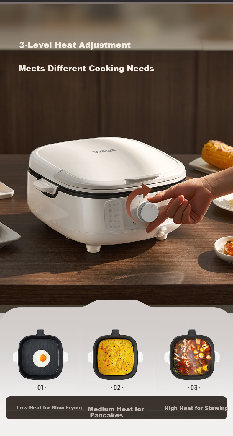 SUPOR Titanium Electric Griddle JT2828R664 - Removable Top and Bottom Plates, Multi-Function Steamer, Hot Pot, Frying Pan, Pancake Maker, Sandwich Breakfast Machine, 75mm Deep, Adjustable Heat 9