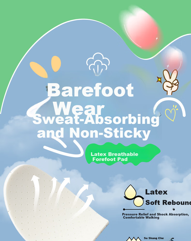 FOOTOPPO Latex Pressure-Relief Forefoot Pads Women's Non-Slip Gel Half Insoles for High Heels Thickened Anti-Slip Half Inserts 10