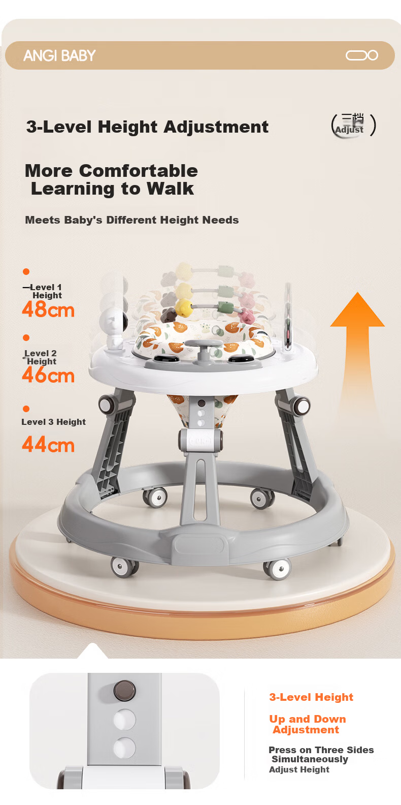 ANGI BABY Baby Walker Anti-Tip Multifunctional Push Walker Toy Gift 2025 Model 3