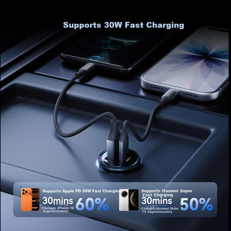 JD Jingzao PD 30W Car Charger Cigarette Lighter Super Fast Charging Adapter Dual USB Port Compatible with Apple 16/17 Huawei Xiaomi SUV Truck