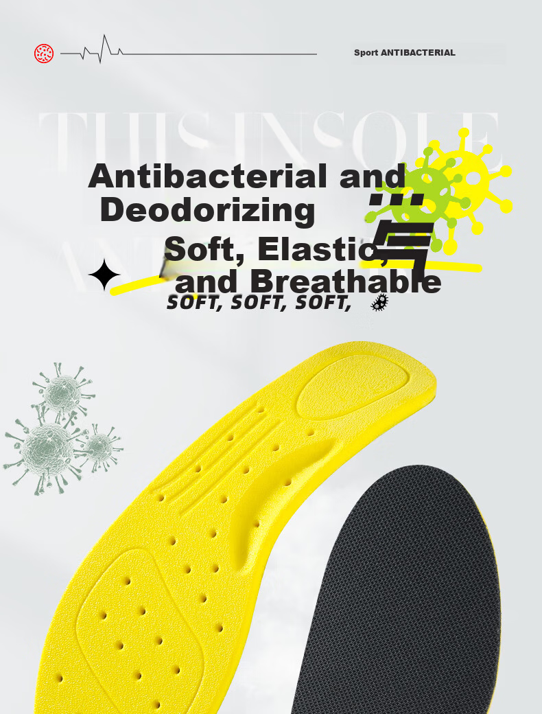 Bonnie Family 2 Pairs Antibacterial Insoles for Men, Odor-Resistant, Durable, Breathable, Sweat-Absorbing, Soft and Elastic, Shock-Absorbing Sports Insoles for Summer 1