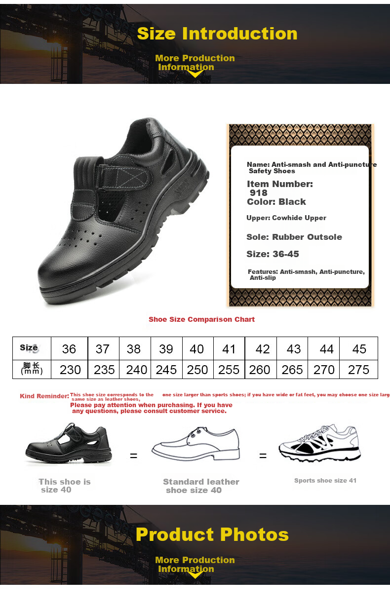 BAIGE Men's Safety Shoes Summer Breathable Anti-Smash Anti-Puncture Leather Steel Toe Work Shoes Black Size 42 6
