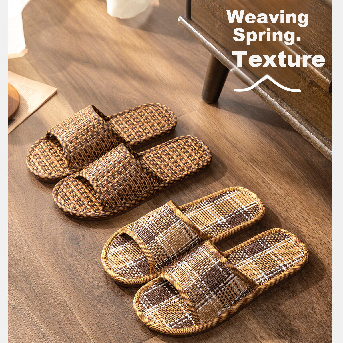 Runrou Bamboo Woven Rattan Grass Slippers Men Summer 2026 New Indoor Home Soft Sole Non-Slip Floor Cool Slippers Men 4