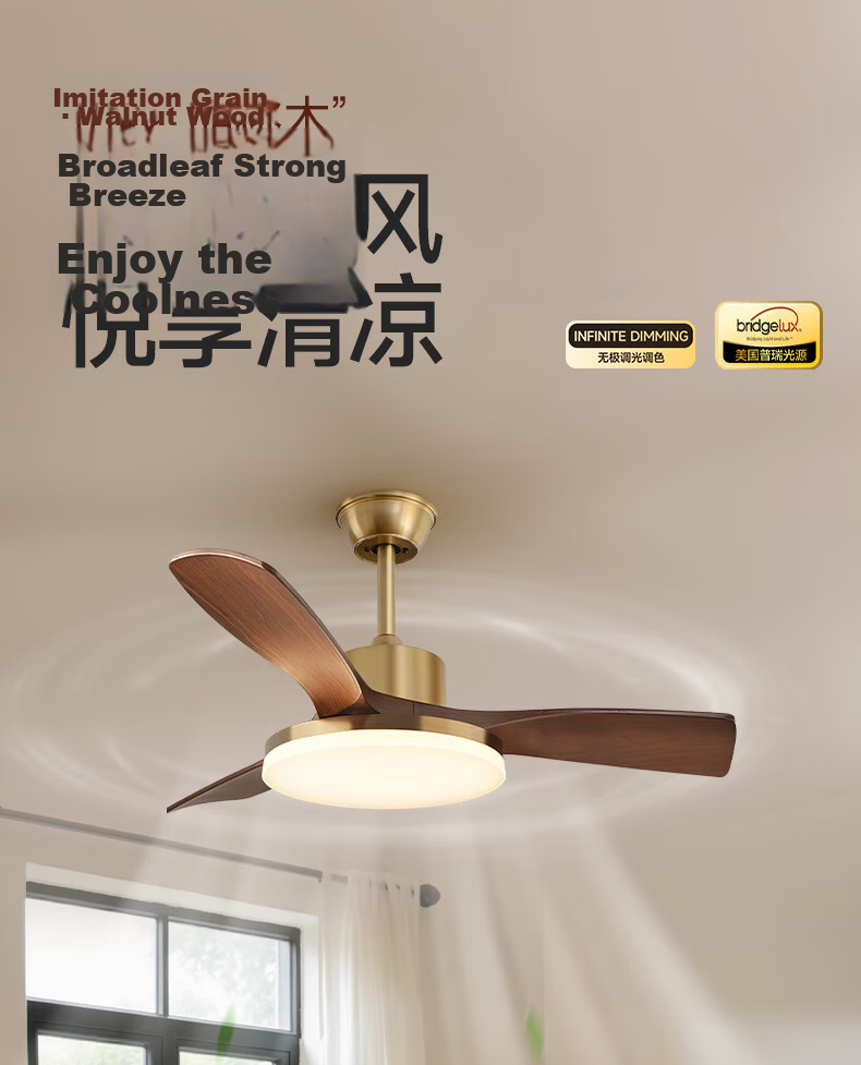Dell Bedroom Light Leafless Fan Ceiling Light Walnut Vintage Invisible Fan Eye Protection Room Lamp 1