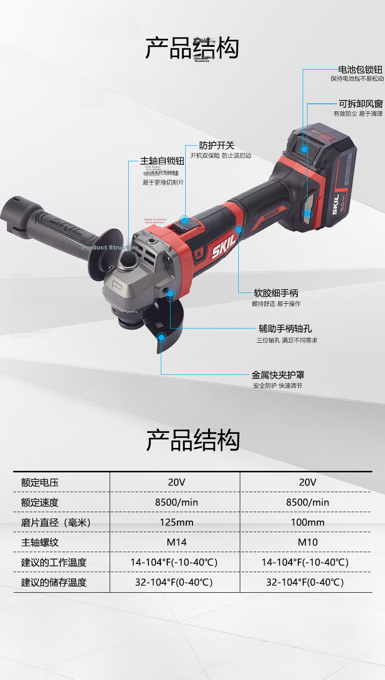 SKIL 20V Brushless Angle Grinder 2907 Lithium Battery Polisher 100mm Multifunctional Cordless Electric Grinding Machine Head 13