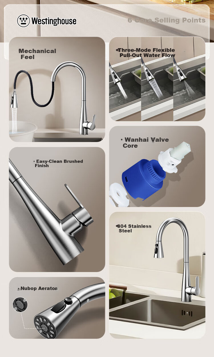 Westinghouse Kitchen Faucet Three-Function Pull-Out Faucet Dual Control Hot and Cold Sink Vegetable Washing Faucet 4
