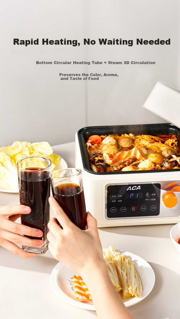 ACA 16L Electric Steamer and Cooker 3-in-1 Multi-Function Stainless Steel 304 Steaming Basket Electric Hot Pot for 3-6 People with Large Capacity and Reservation Function 8