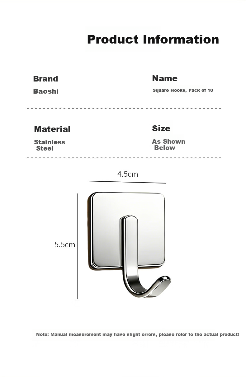 Baoshi Stainless Steel Hooks 10-Pack, No-Drill Strong Adhesive Hooks for Kitchen, Heavy-Duty Wall-Mounted Clothes Hooks 8
