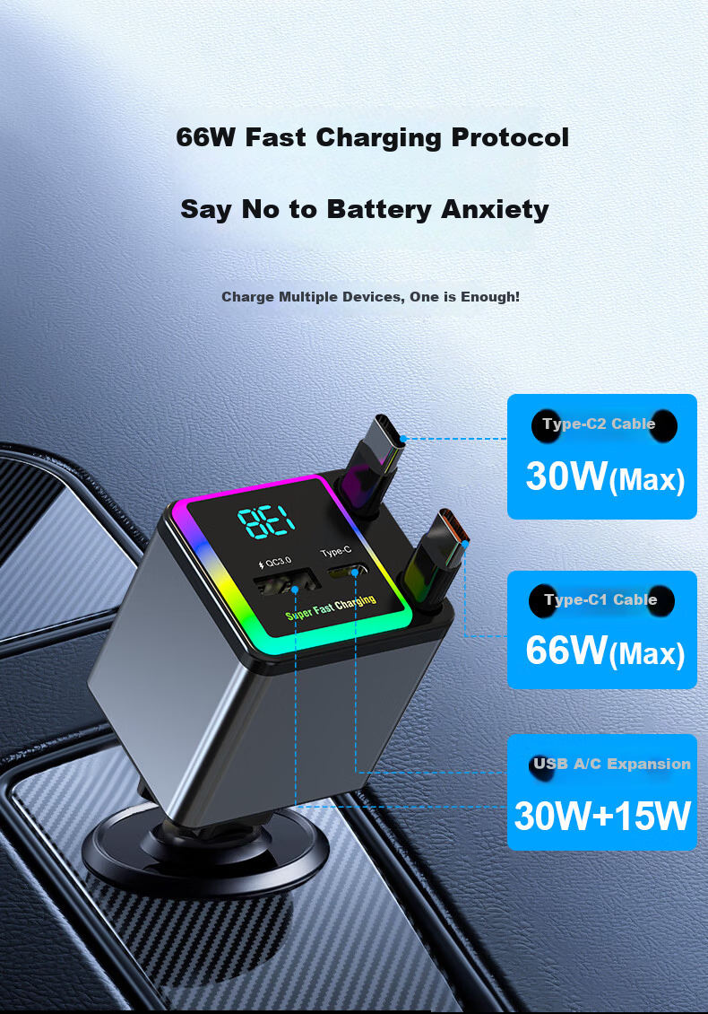 Newsmy Car Charger Retractable Dual USB Cigarette Lighter 100W Super Fast Charging Converter for Apple 16/17 Huawei Honor C+C 3