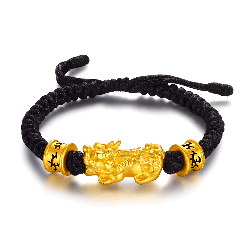 黄金手链 男款 貔貅手链 3d硬金转运珠手链 999足金编织黑绳男士手链