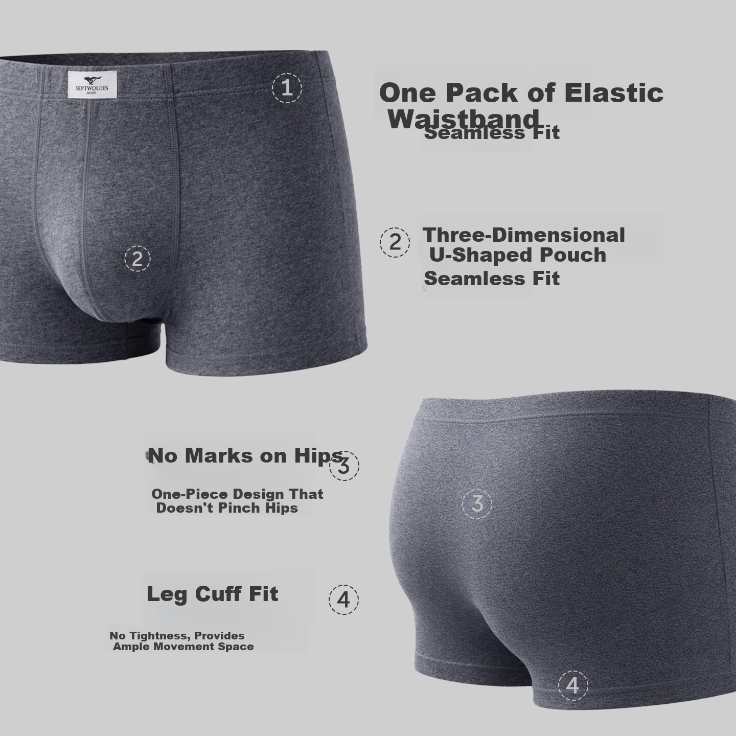 Seven Wolves Men's Underwear [10A Grade Full Antibacterial] Solid Color Boxer Briefs Comfortable Breathable Shorts 4-Pack L