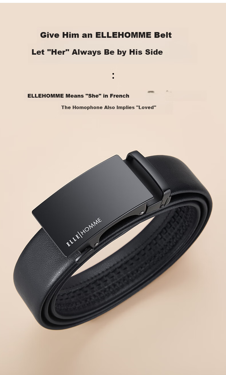 ELLE HOMME French Brand Men's Genuine Leather Automatic Buckle Belt Cowhide Waistband Gift Box Birthday Gift for Husband Father's Day 3