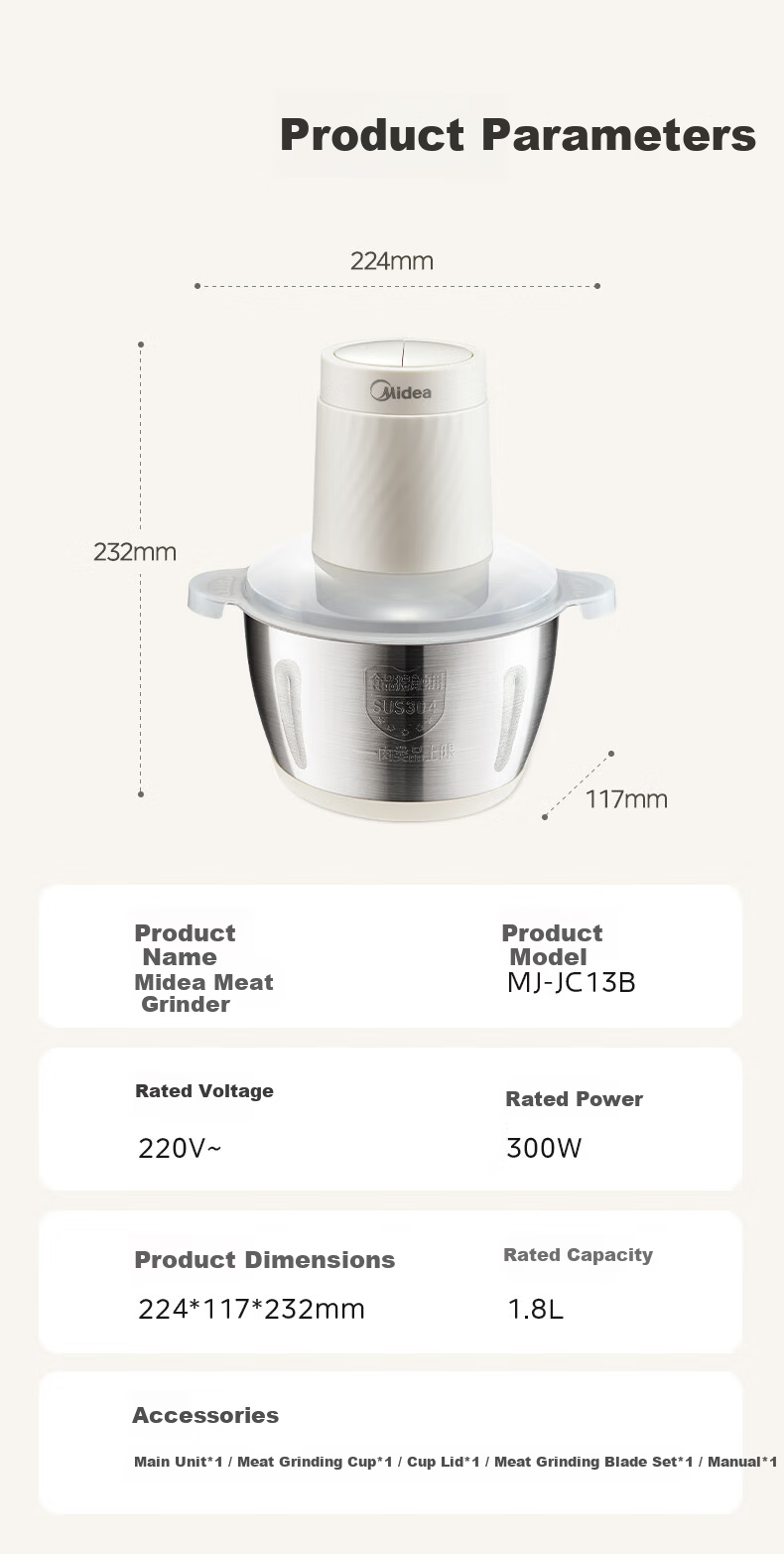 Midea 5L Meat Grinder Household Large Capacity Stainless Steel Cup 1000W High Power Electric Multifunctional Chopper Mixer Meat Mincer BL90R03 14