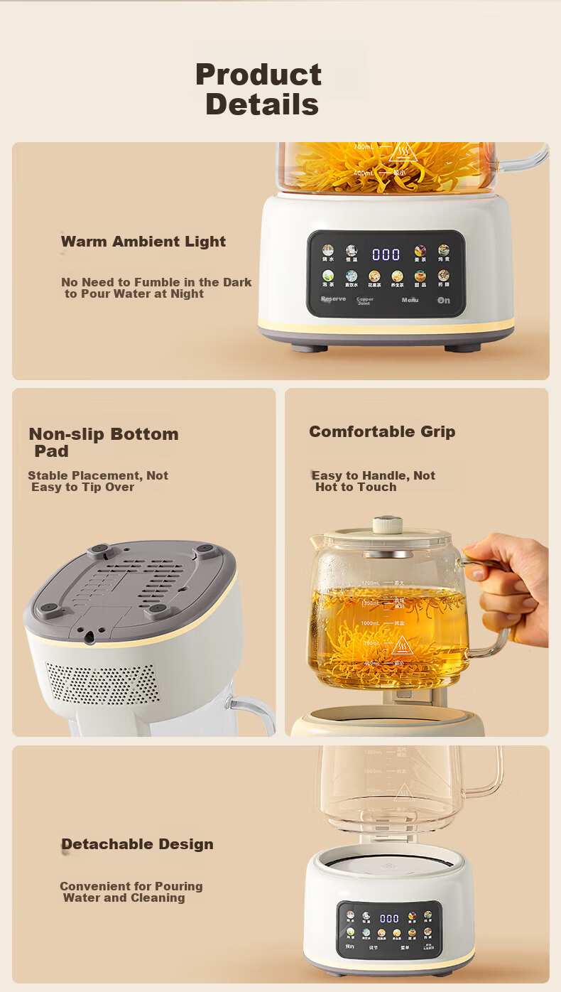 AUX Pure Glass Health Kettle Electric Tea Kettle Hot Water Kettle Constant Temperature Insulated Smart Baby-Safe BPA-Free Herbal Tea Kettle 1.7L ASH-17AZX-518F 13